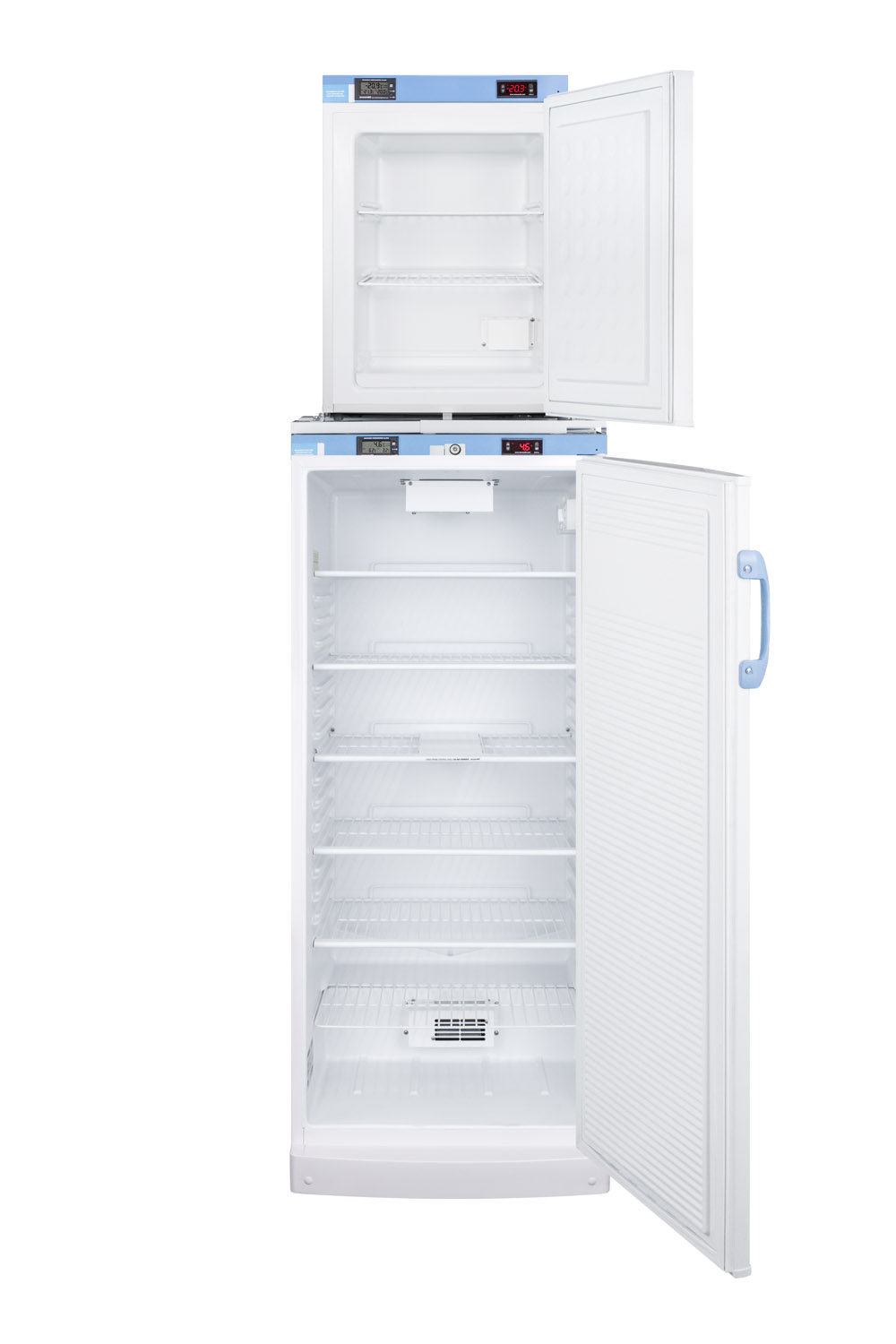 Stacked combination of FFAR10MED2 auto defrost all-refrigerator and FS30LMED2 compact manual defrost all-freezer, both with locks, digital controls, and NIST calibrated alarm/thermometers